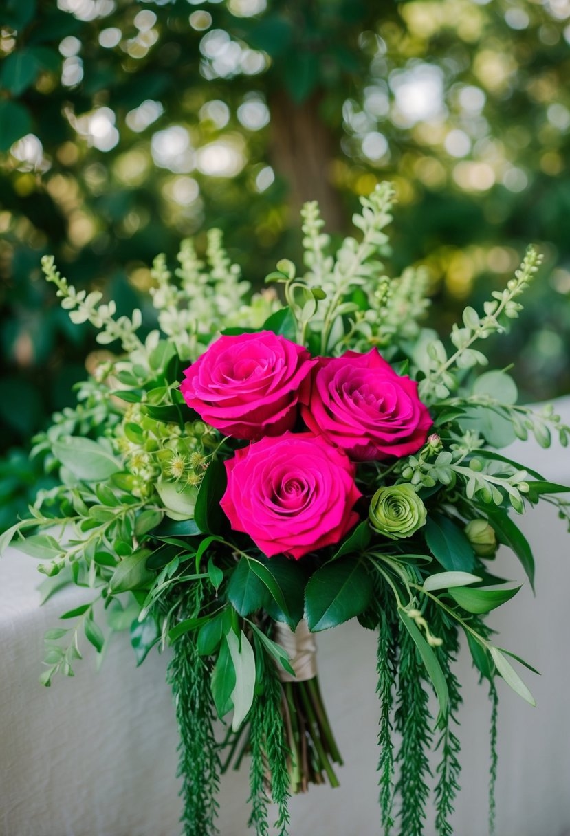 Lush greenery cascades around a trio of vibrant roses, evoking a 1920s bridal bouquet