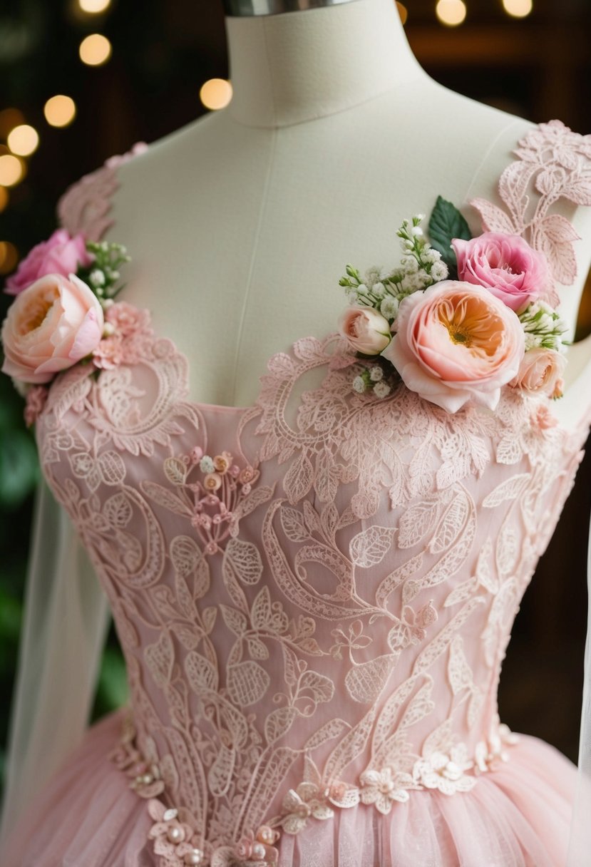 A delicate lace bodice in dreamy pink, adorned with rosy flowers and intricate details