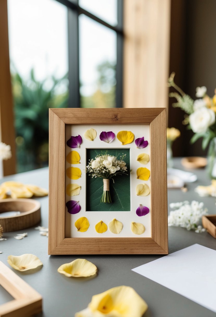 A wooden photo frame with pressed petals from a wedding bouquet displayed on a table with craft materials scattered around