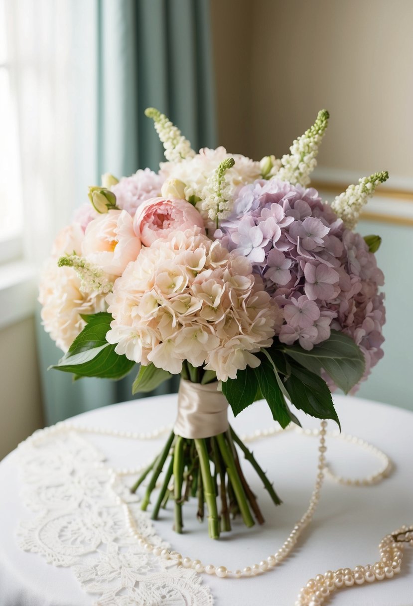 A vintage-inspired bridal bouquet featuring pastel hydrangeas and peonies in a 1920s setting, with delicate lace and pearls