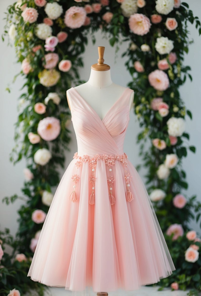 A pink wedding dress with a tulle skirt, adorned with coral charm embellishments, set against a romantic backdrop of blooming flowers and cascading greenery