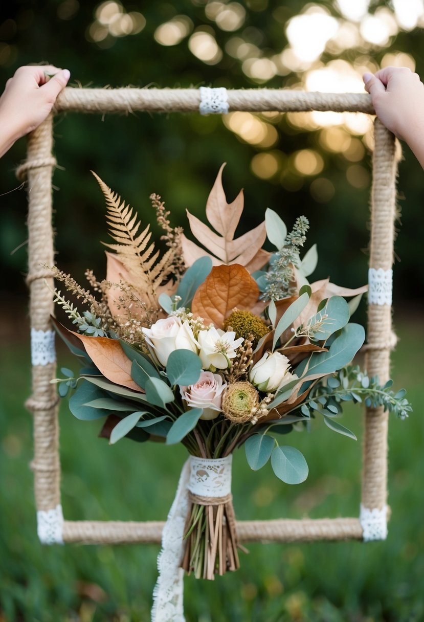 A rustic wedding bouquet with a mix of dried leaves and flowers, framed by twine and lace