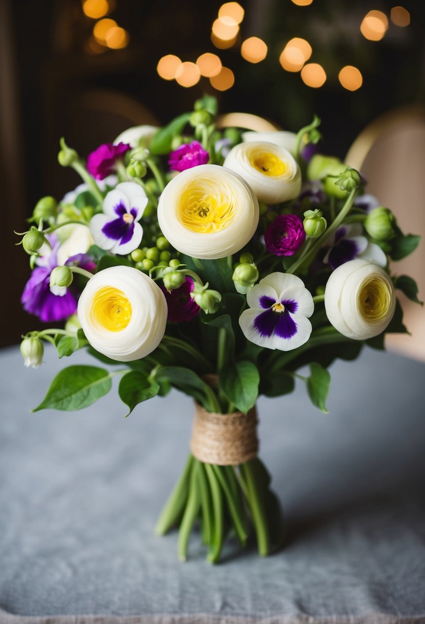 A bouquet of ranunculus and sweet pea in a 1920s style