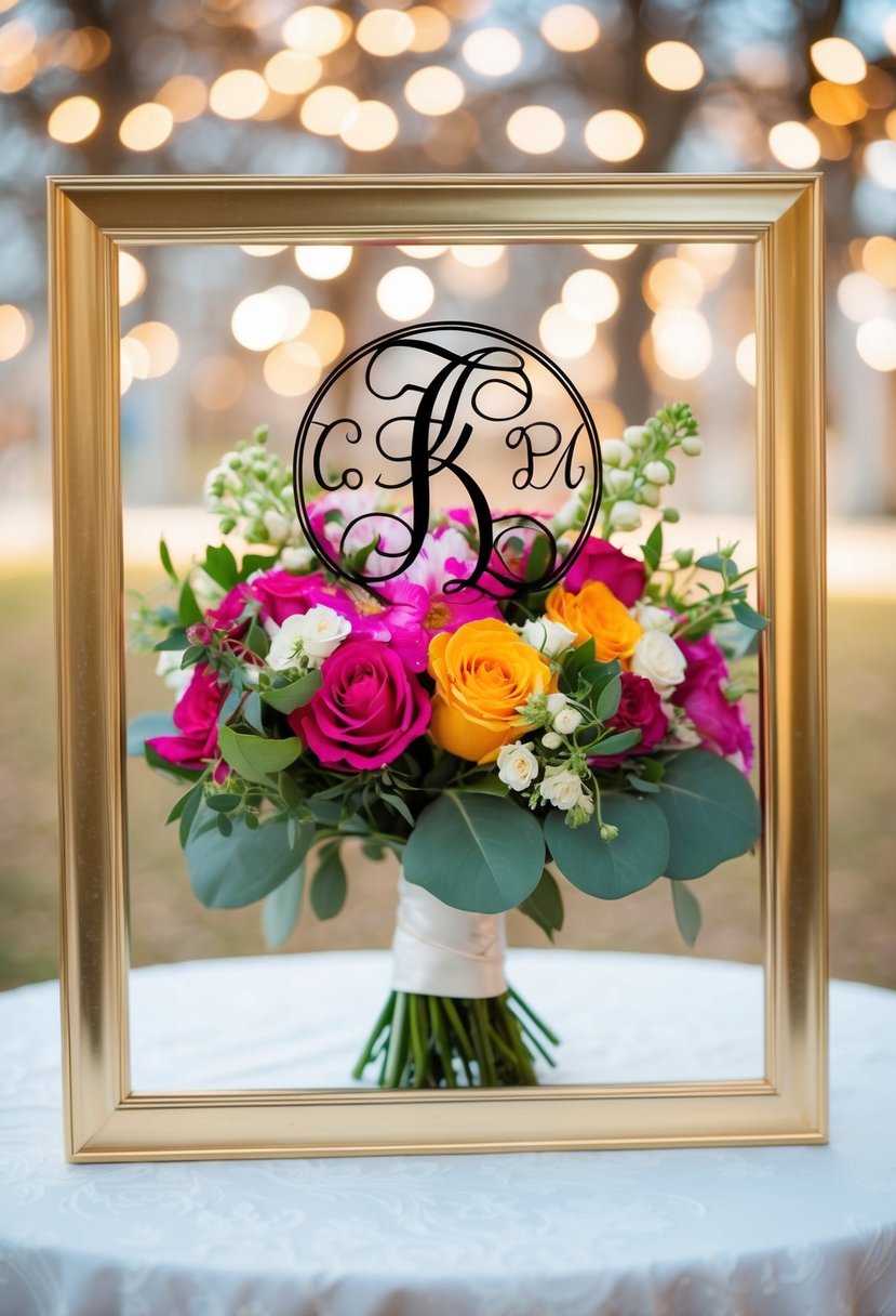 A monogrammed frame with initials encasing a vibrant wedding bouquet