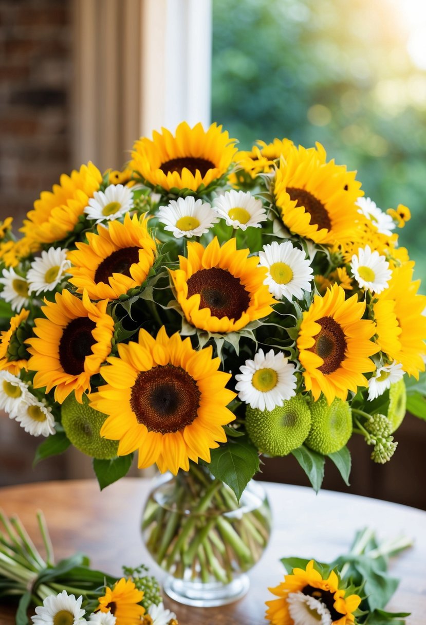 A vibrant bouquet of sunflowers and daisies arranged in a 1920s style, with a sunny and cheerful atmosphere