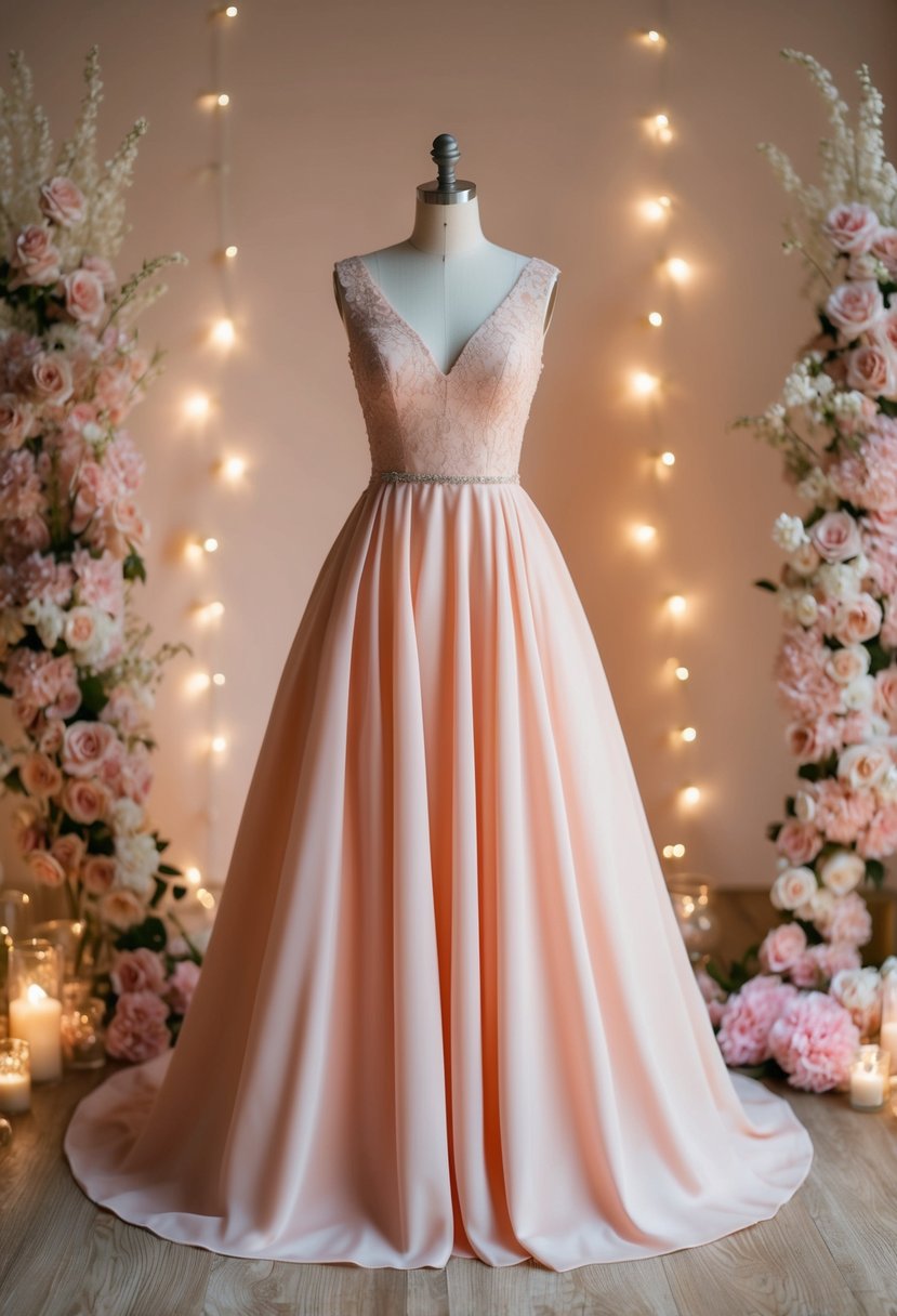 A soft peach A-line wedding dress on a mannequin, surrounded by delicate pink floral arrangements and soft, romantic lighting