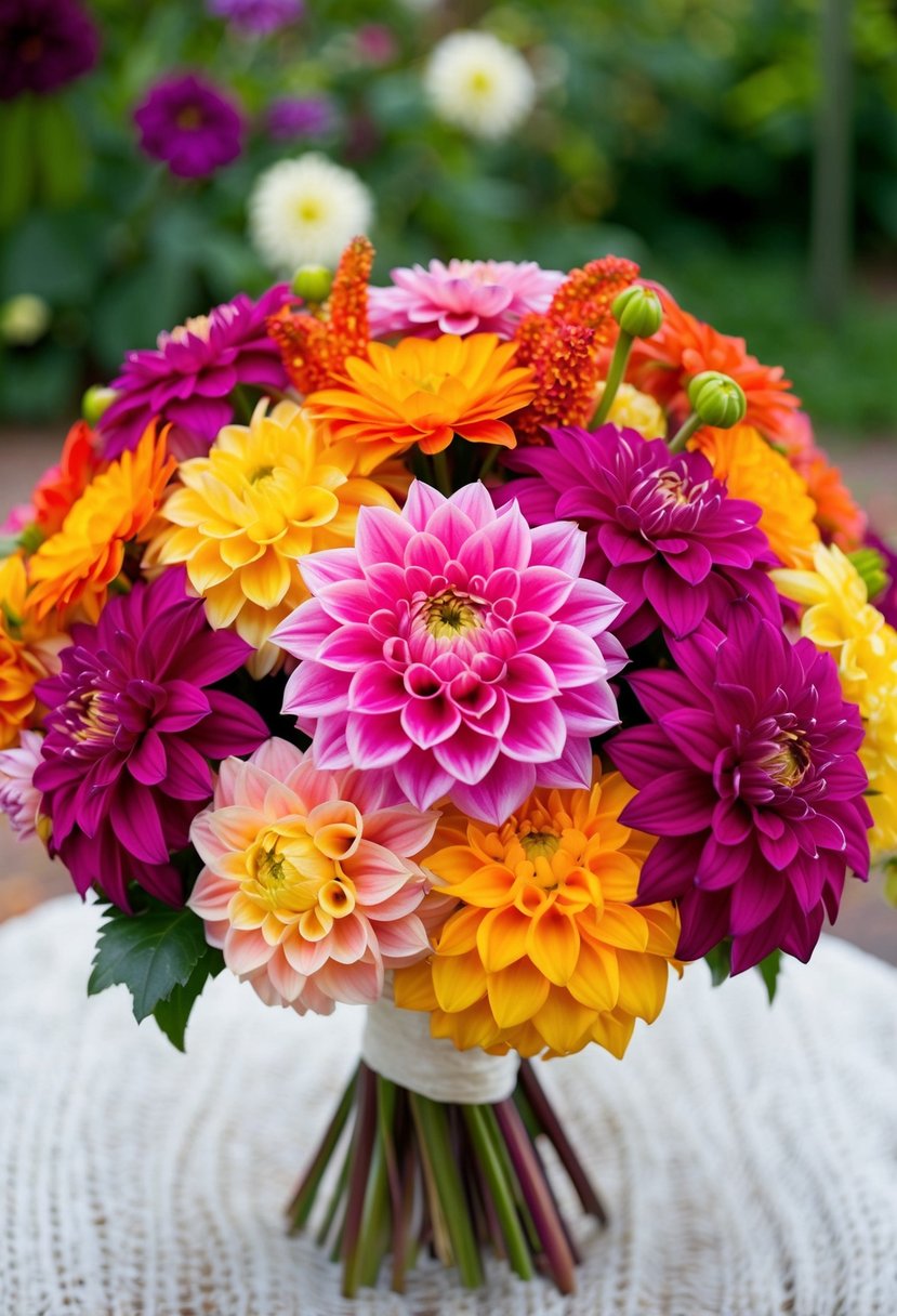 A colorful array of dahlias and zinnias arranged in a vintage-style bridal bouquet, evoking the elegance and vibrancy of 1920s wedding flowers