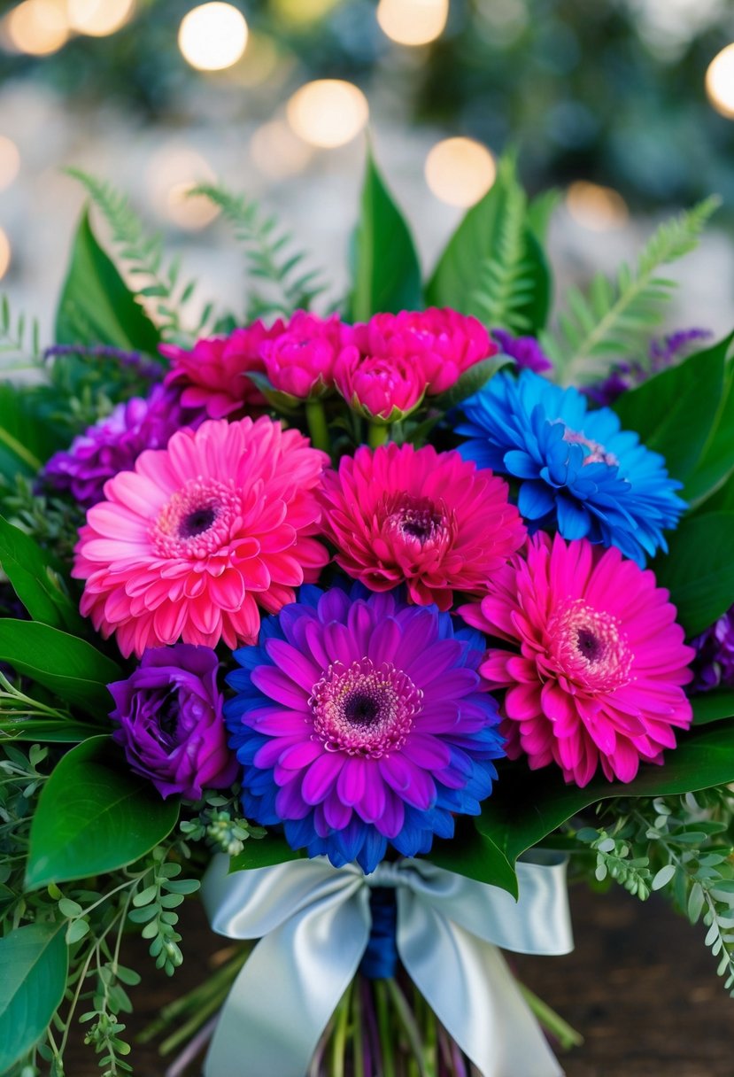 A vibrant ombre flower bouquet, with hues blending from pink to purple to blue, framed by lush greenery and tied with a satin ribbon