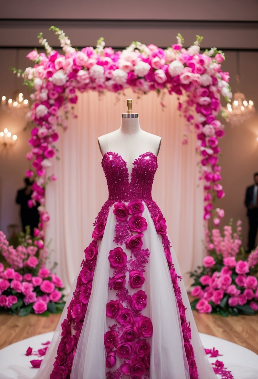 A fuchsia floral-embellished wedding dress displayed on a mannequin, surrounded by pink floral arrangements and soft, romantic lighting