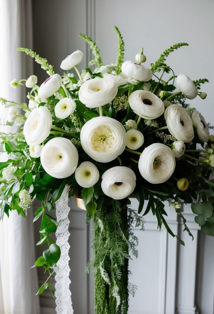 A lush bouquet of all-white ranunculus arranged in a chic 1920s style, with cascading greenery and delicate lace accents