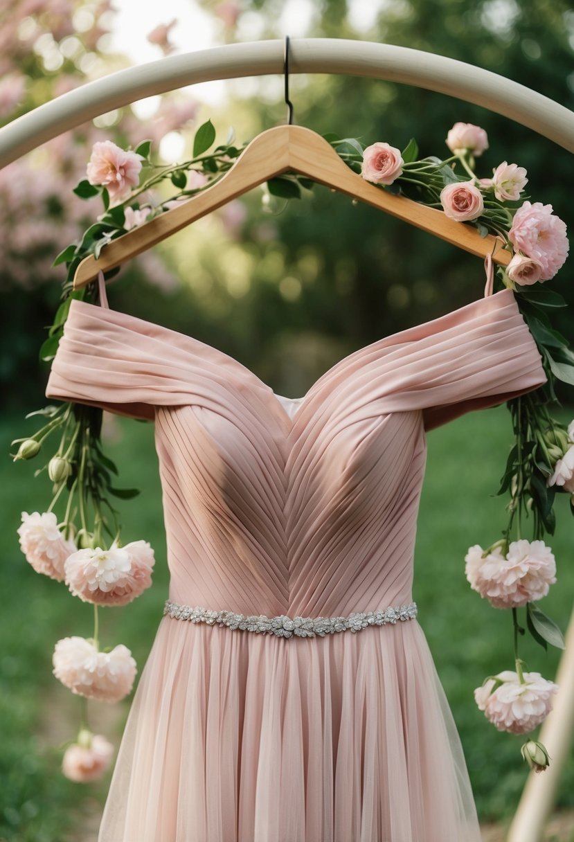 A dusty pink off-shoulder wedding dress hanging on a vintage wooden hanger, surrounded by delicate pink flowers and soft natural light