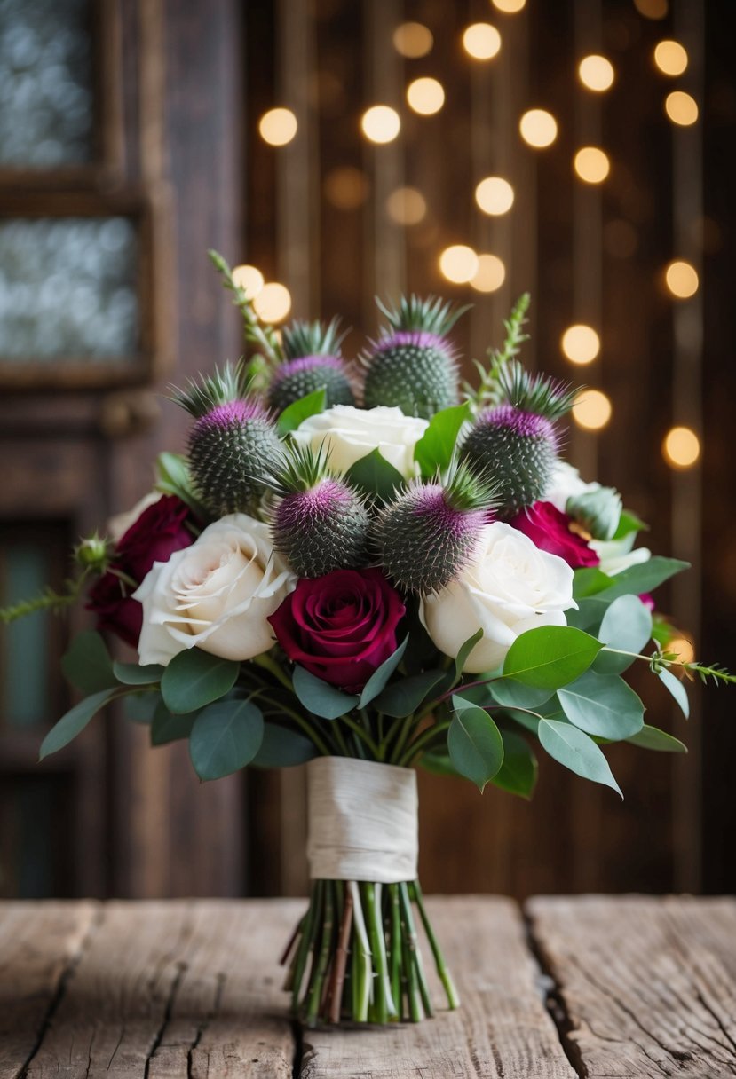 A vintage-inspired bridal bouquet with thistles and roses, set against a backdrop of rustic 1920s decor