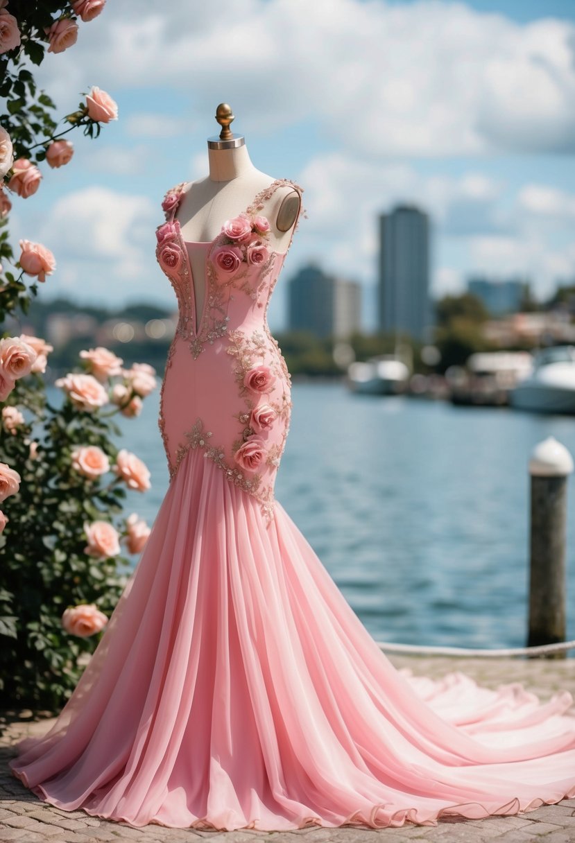 A flowing pink mermaid-style wedding dress with antique rose details, set against a romantic waterfront backdrop with blooming roses