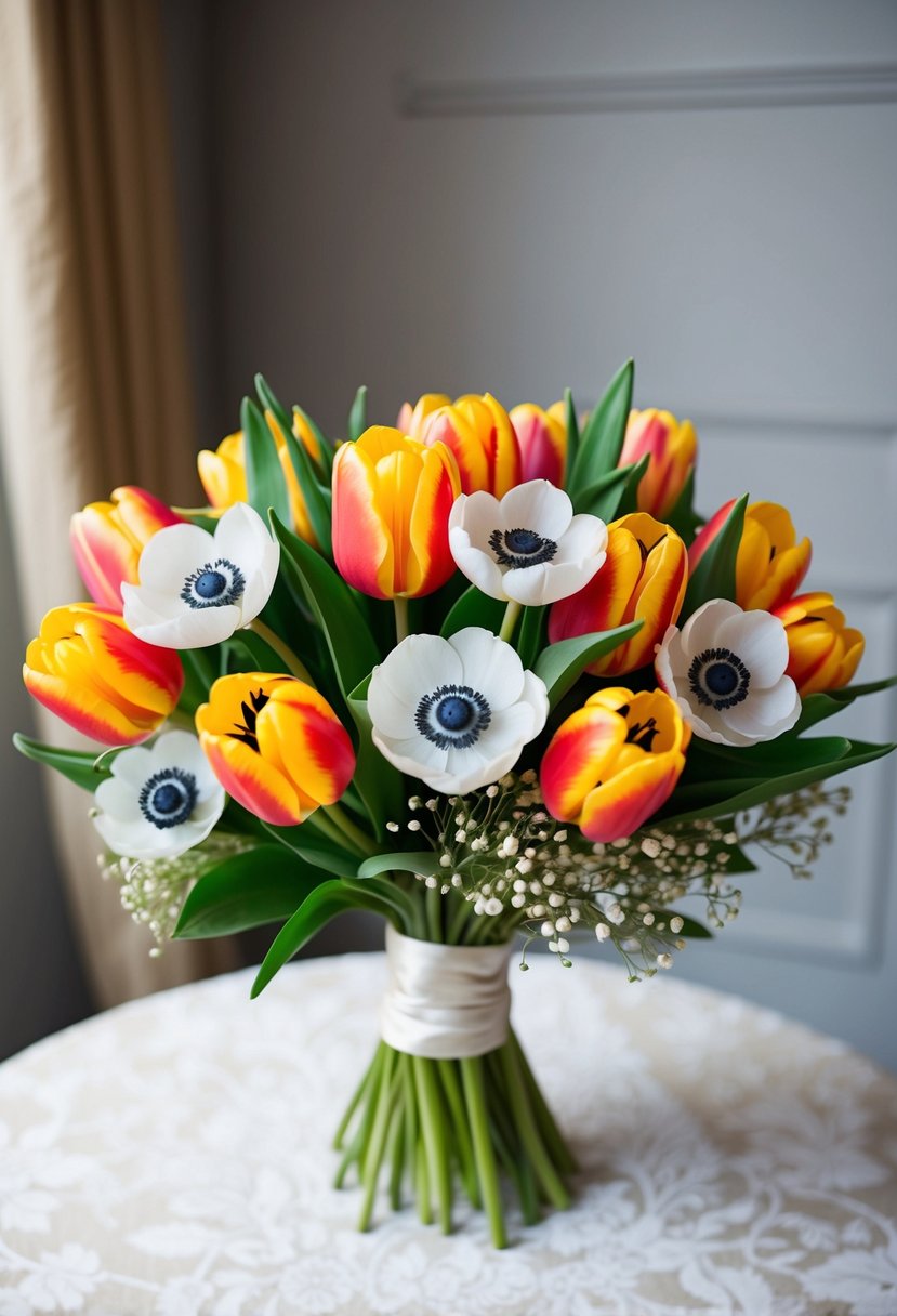 A vibrant bridal bouquet of bright tulips and anemones, inspired by 1920s wedding flowers, arranged in a classic, elegant style