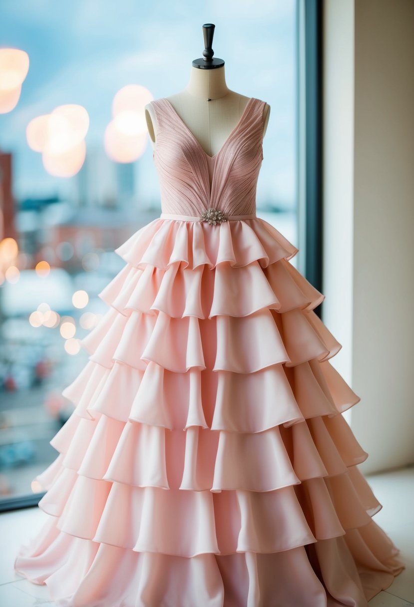 A delicate pastel rose tiered layers pink wedding dress on a mannequin