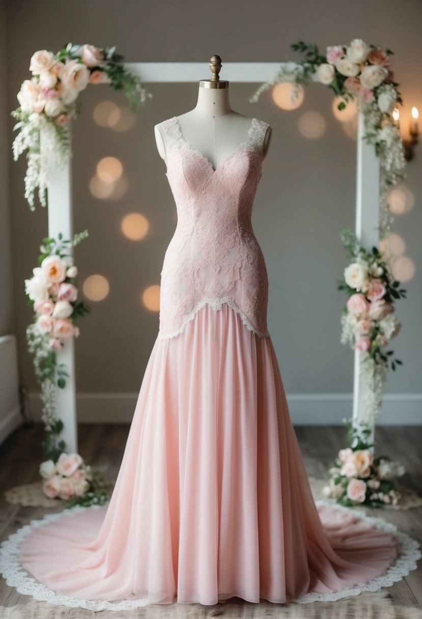 A vintage-inspired pink wedding dress displayed on a mannequin, surrounded by delicate lace, floral accents, and soft, romantic lighting