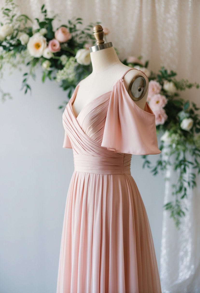 A blush pink wedding dress with flowing bardot sleeves, draped on a mannequin against a soft, romantic backdrop of flowers and lace