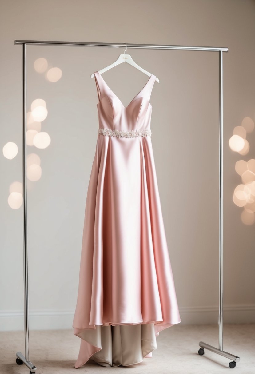 A blush pink satin wedding dress hangs on a sleek, modern clothing rack, set against a soft, neutral background