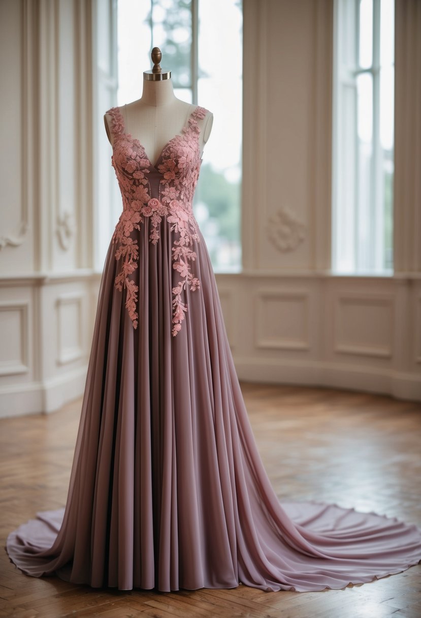 A flowing mauve wedding dress adorned with intricate pink appliqué flowers