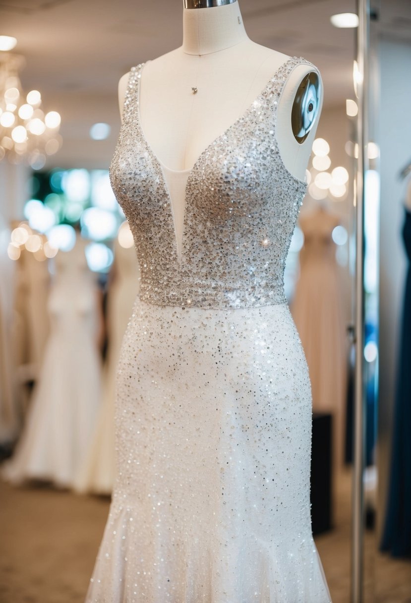 A sparkling wedding dress with cascading glitter and sequins, catching the light as it hangs on a mannequin in a bridal boutique