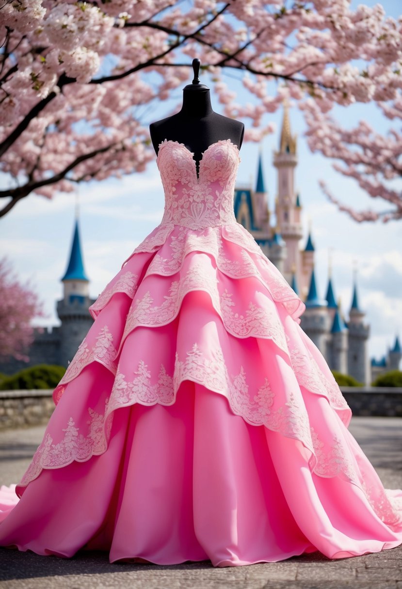 A bubblegum pink wedding dress silhouette with flowing layers and intricate lace details, set against a backdrop of a sparkling castle and blooming cherry blossom trees