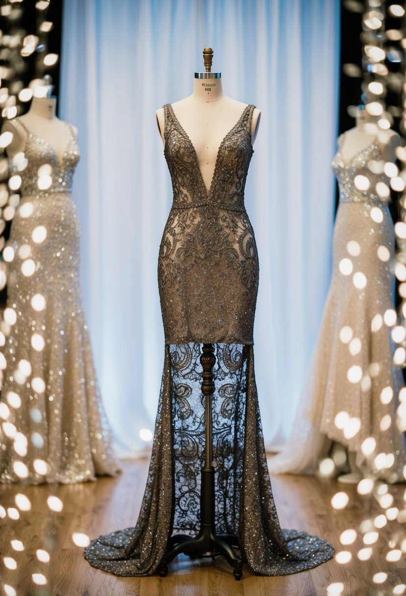 A bohemian lace glitter gown draped over a mannequin, surrounded by sparkling wedding dress ideas