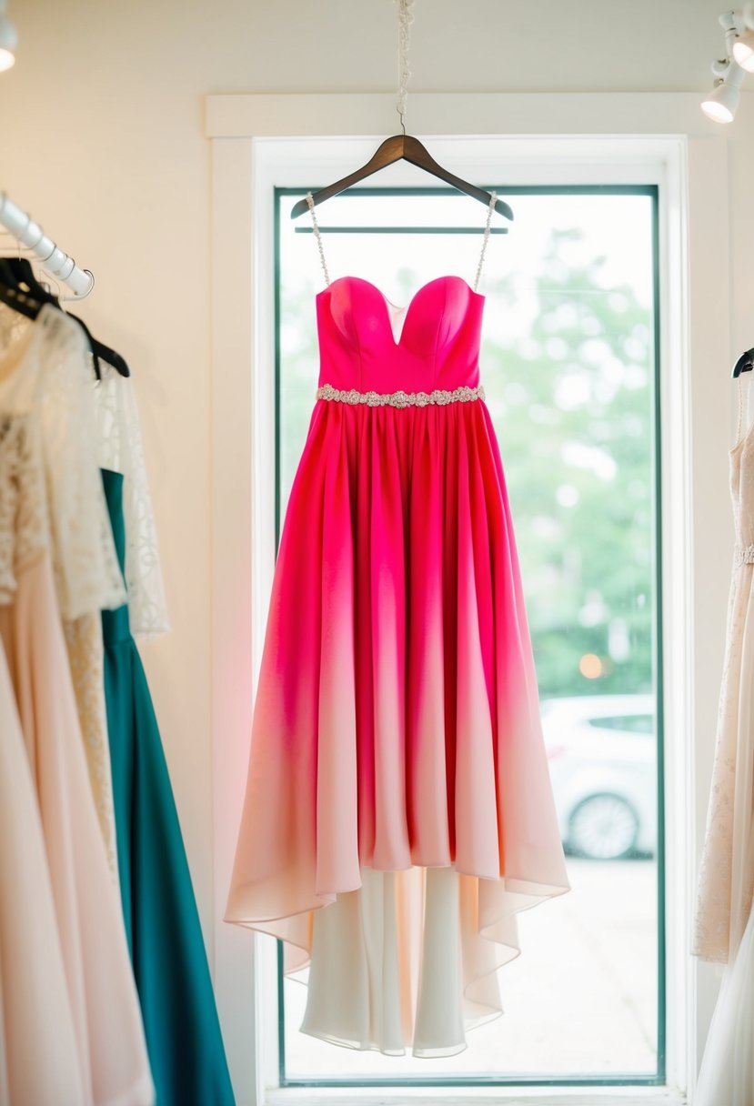 A watermelon ombre effect pink wedding dress hanging on a mannequin in a bright, airy bridal boutique