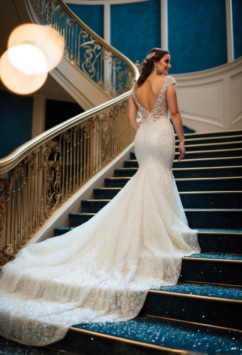 A sparkling mermaid-style wedding dress adorned with sequins and glitter cascades down a grand staircase