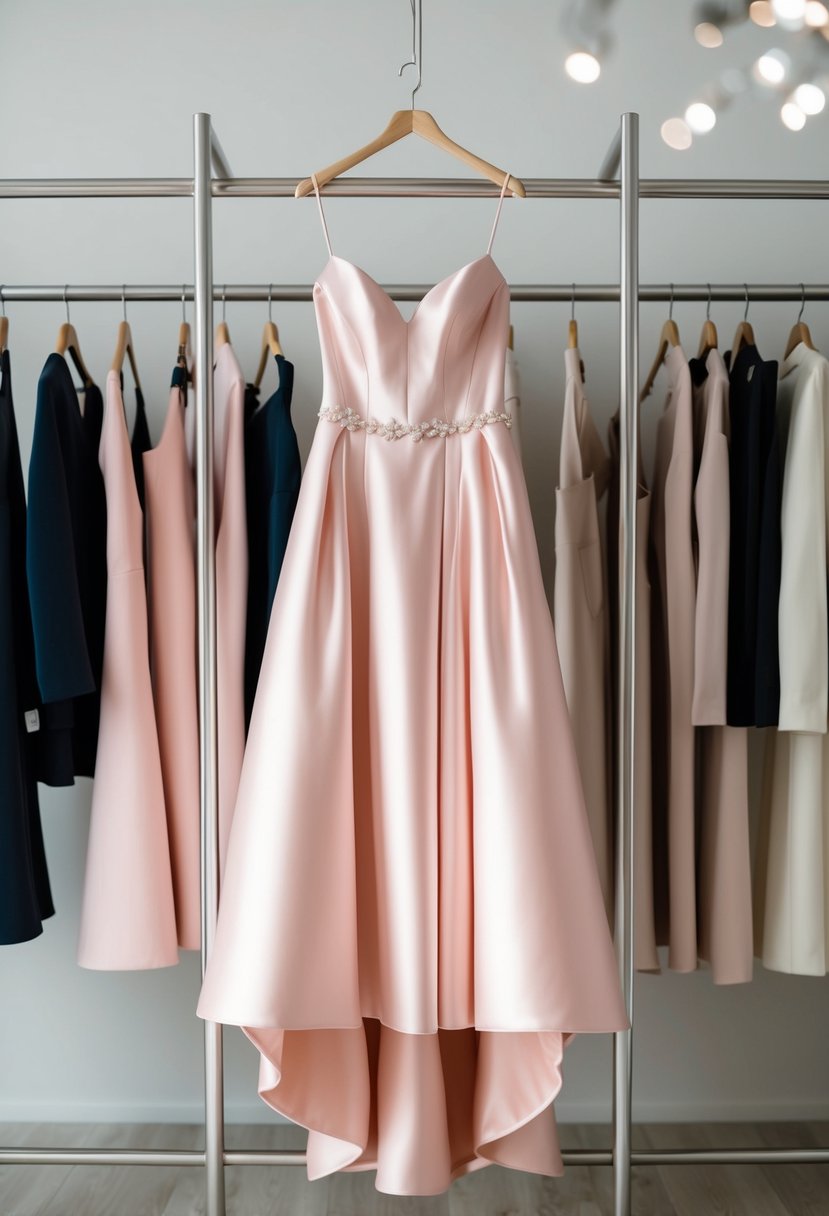 A powder pink minimalist wedding dress hanging on a sleek, modern clothing rack with soft lighting