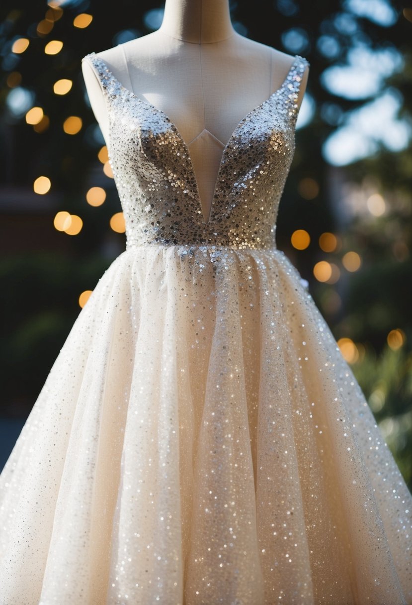 A sparkling A-line wedding dress cascading in shimmering tulle, catching the light with a glittering effect