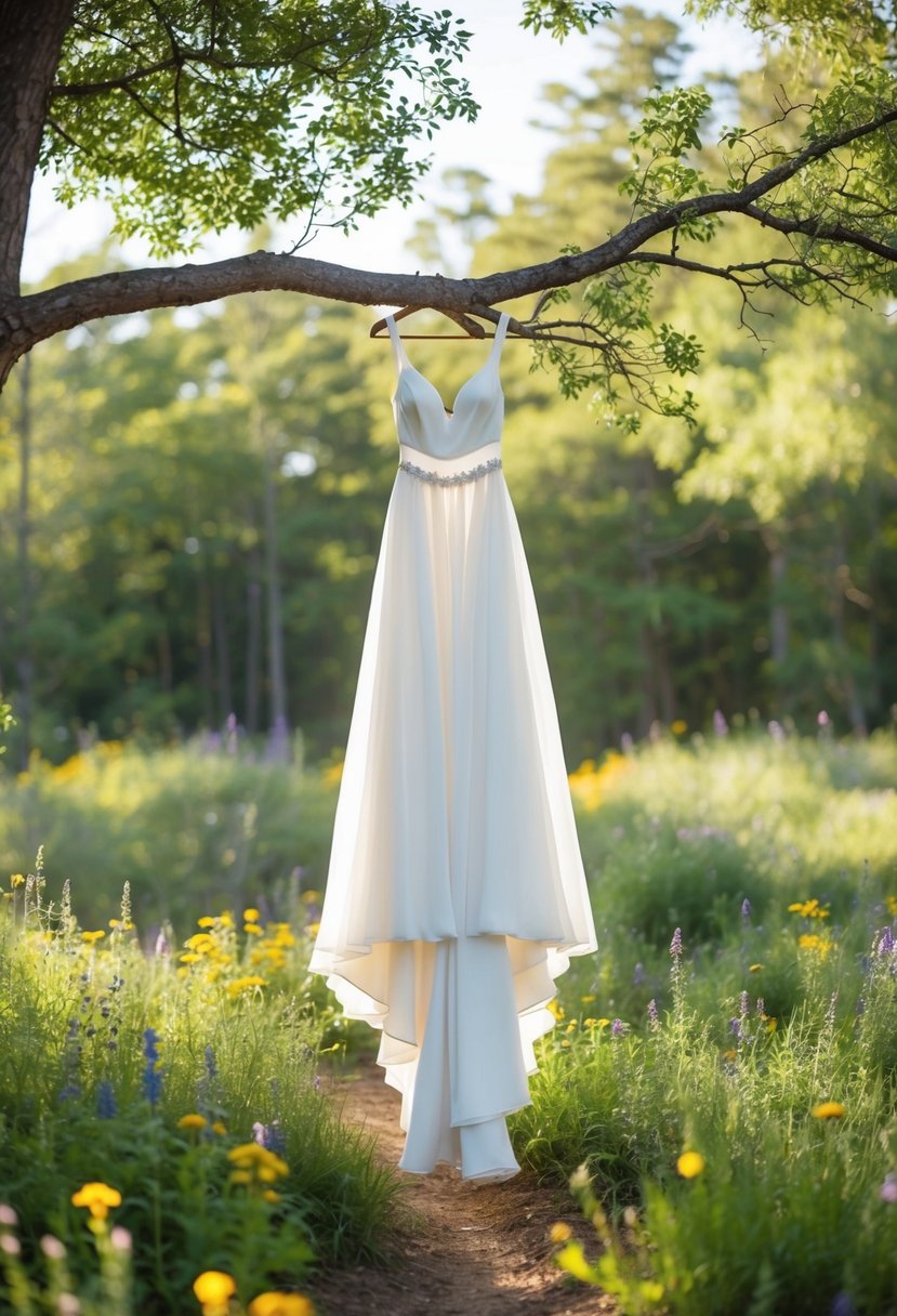 A flowing white gown hangs from a tree branch in a secluded forest clearing, surrounded by wildflowers and dappled sunlight