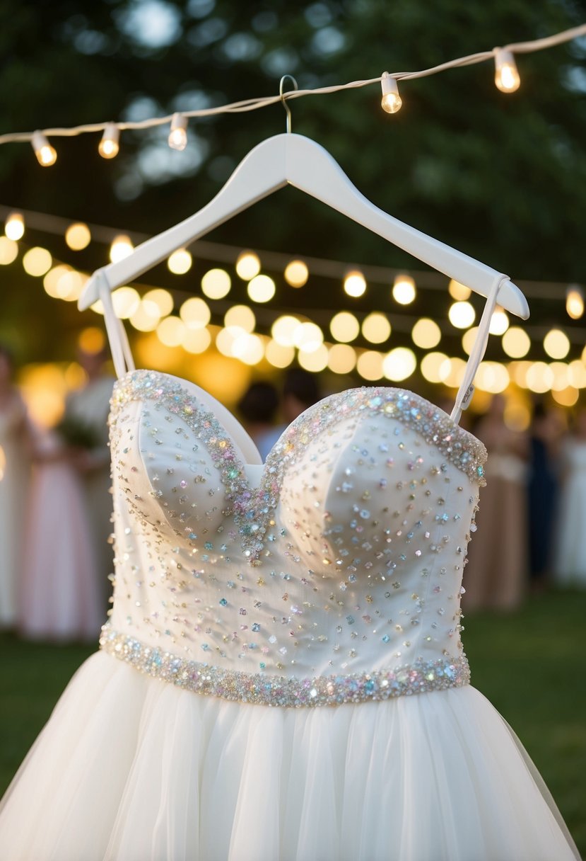 A wedding dress with a sweetheart neckline adorned with iridescent embellishments sparkles under the soft glow of string lights