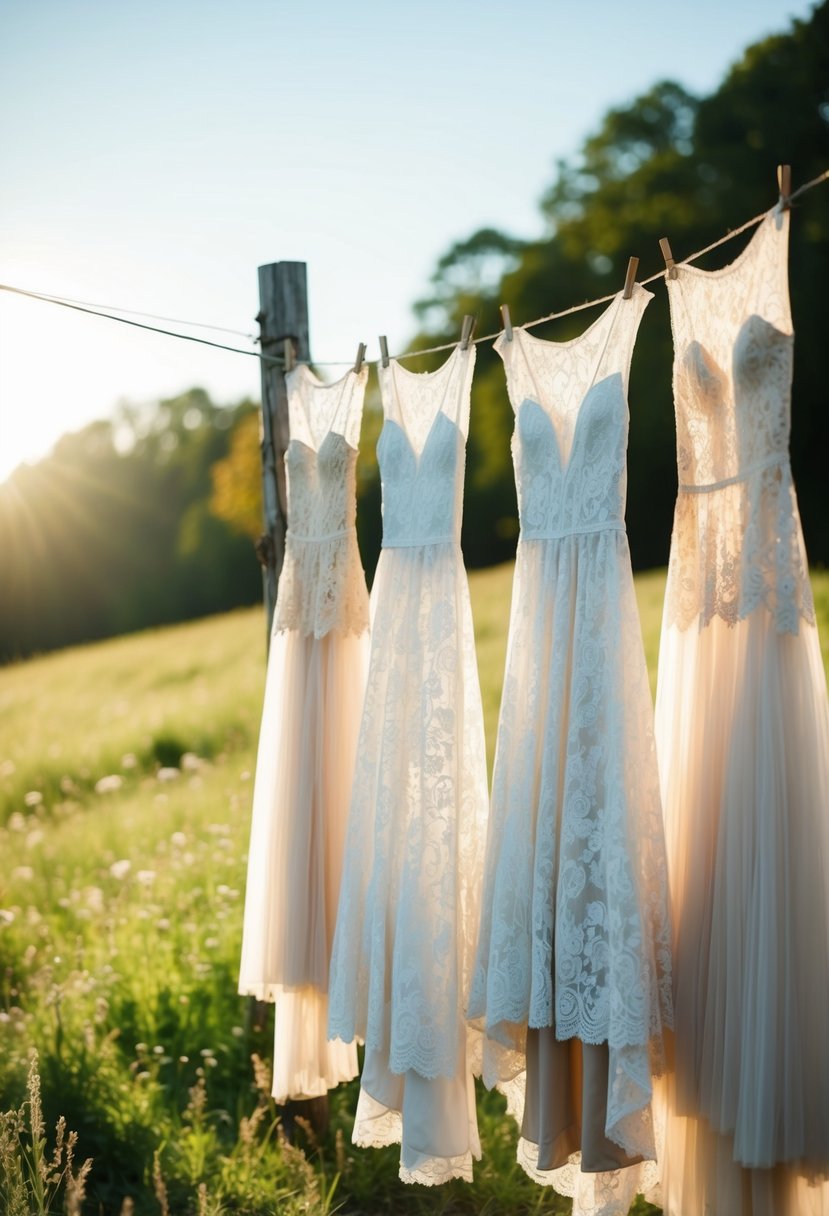 Flowy lace gowns hanging on a rustic wooden clothesline in a sun-drenched meadow