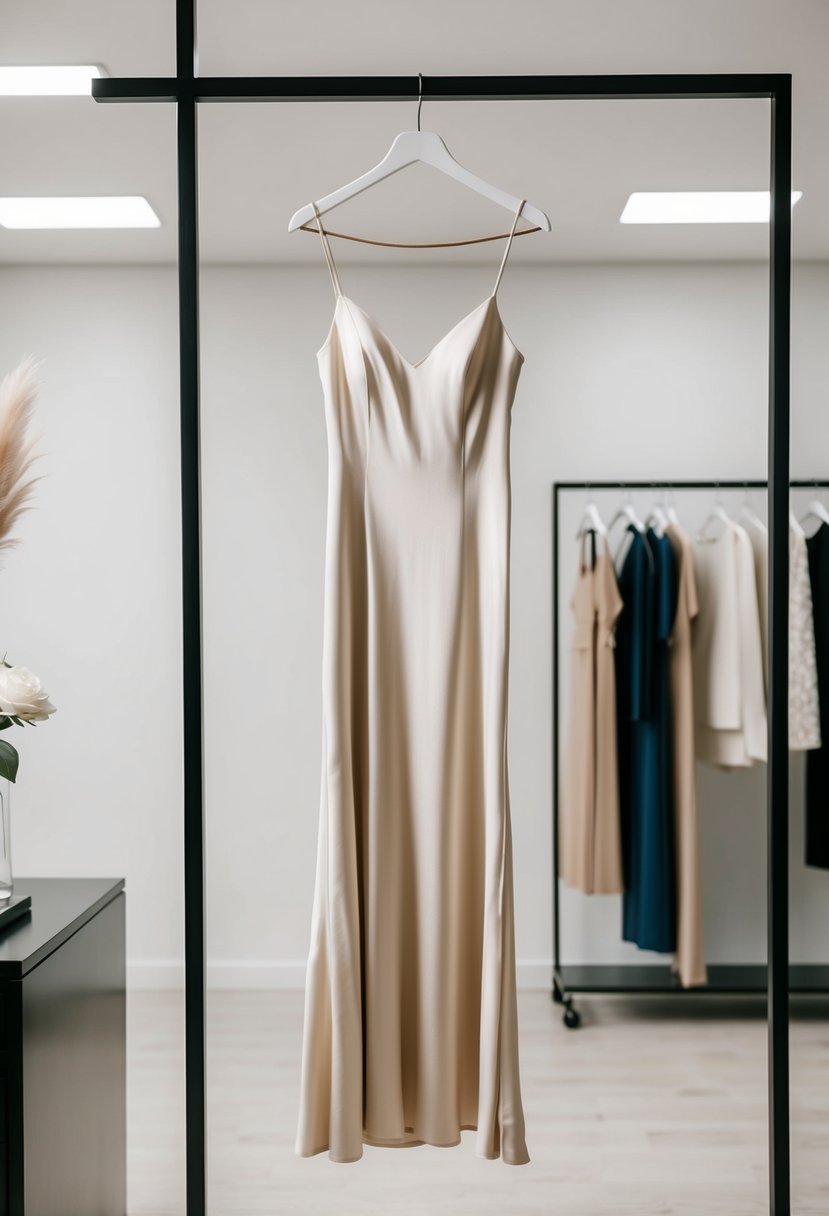 A single, elegant slip dress hanging on a sleek metal clothing rack in a modern, minimalist bridal boutique