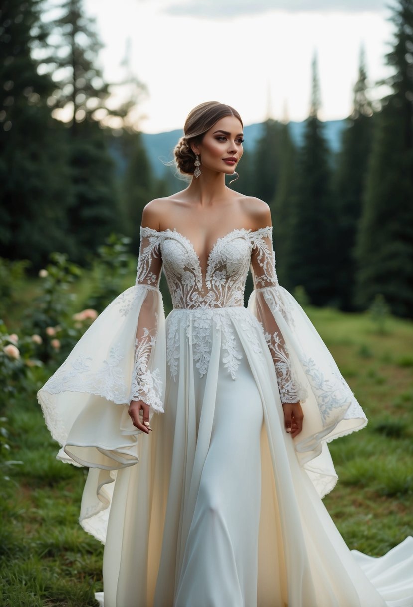 A flowing, off-the-shoulder gown with billowing, dramatic sleeves, adorned with intricate lace and embroidery, set against a backdrop of a lush, forested elopement ceremony