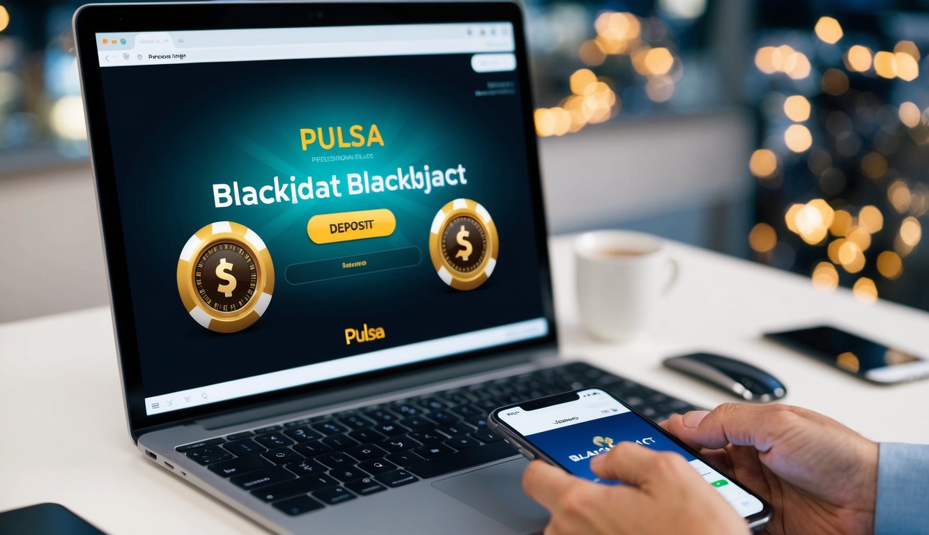 Sebuah layar digital menampilkan permainan blackjack online dengan ponsel di sampingnya, siap untuk melakukan deposit menggunakan pulsa