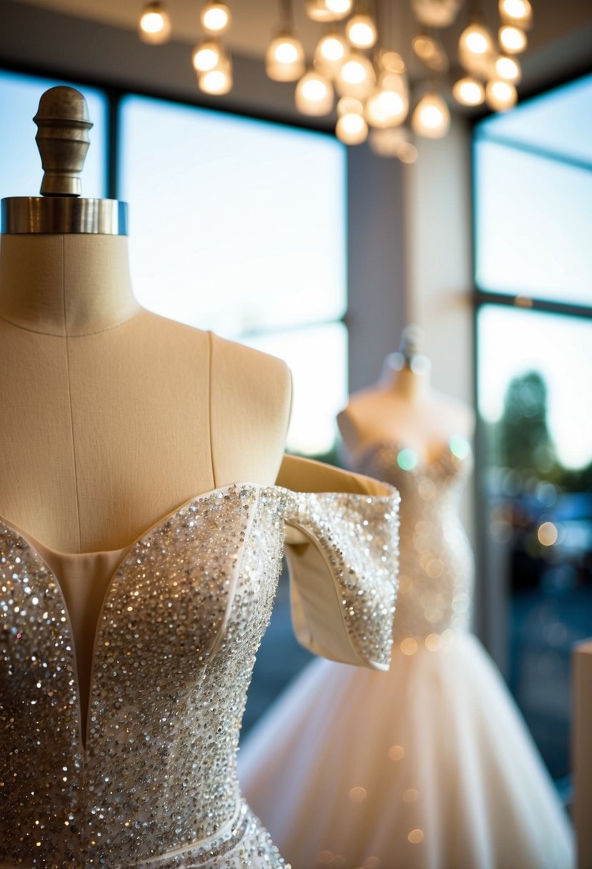 A sparkling off-shoulder dress hangs on a mannequin, catching the light in a bridal boutique window