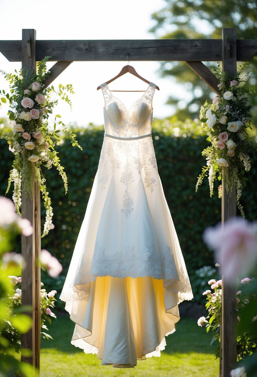 A garden setting with a vintage-inspired tea-length wedding dress hanging from a rustic wooden arch, surrounded by blooming flowers and soft sunlight