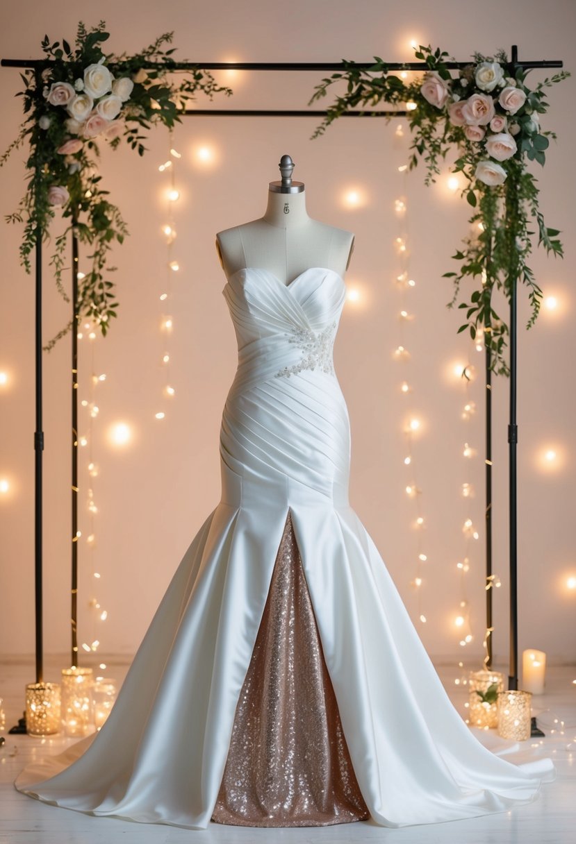 A strapless wedding dress with a sparkling underskirt, surrounded by shimmering lights and delicate floral accents