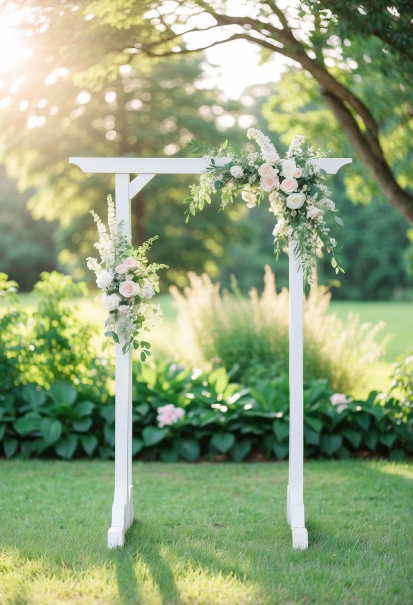 A serene outdoor setting with a simple wooden arch adorned with delicate flowers, surrounded by lush greenery and soft sunlight filtering through the trees