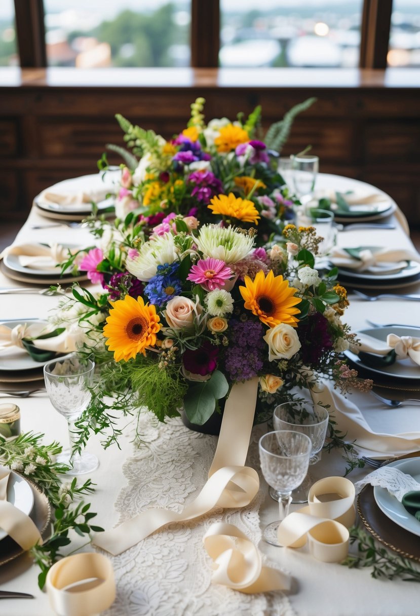 A table covered in various colorful flowers and greenery, with ribbons and lace scattered around for a wedding bouquet inspiration