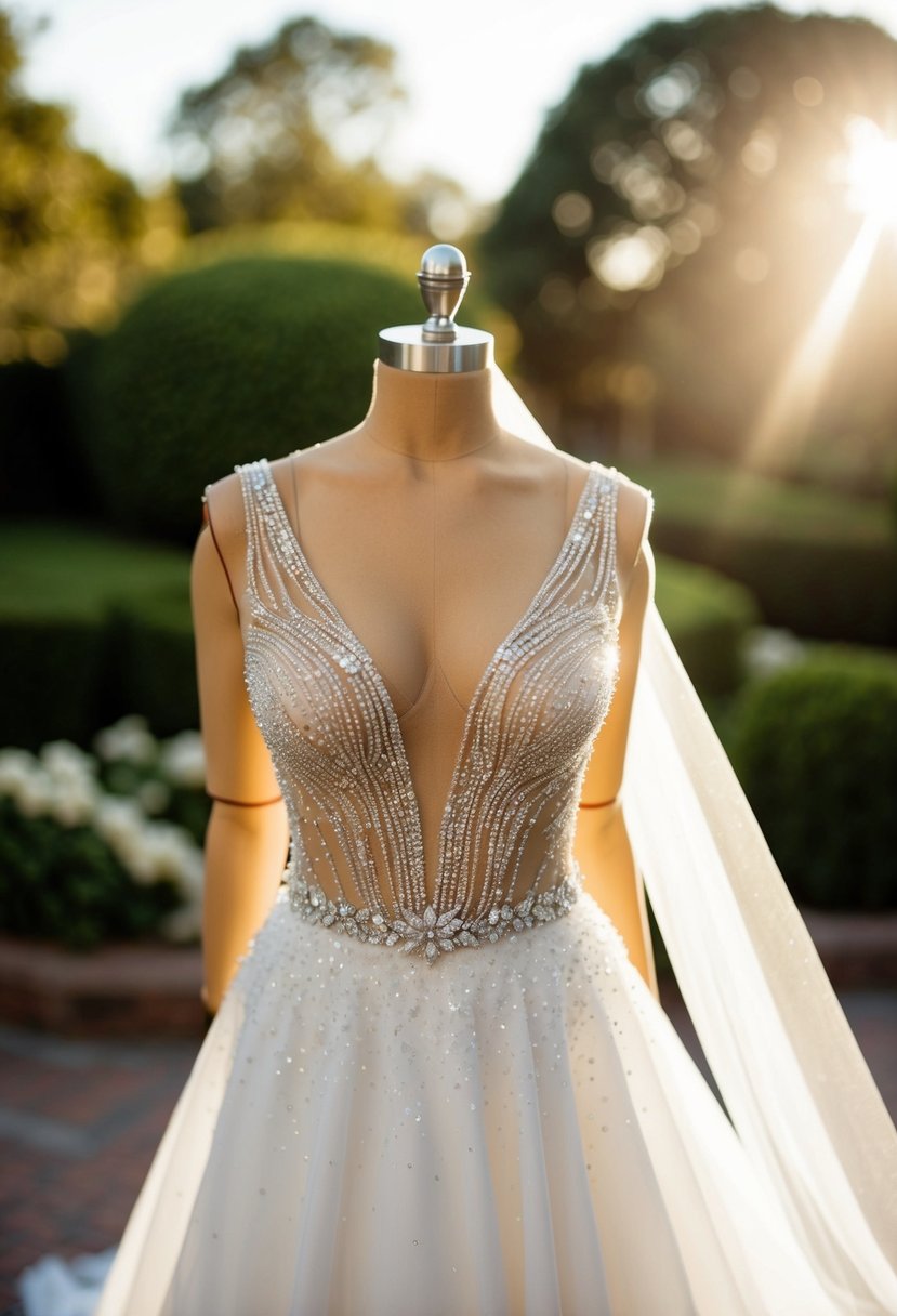 A sparkling v-neck wedding dress with crystal beading catches the light in a romantic setting