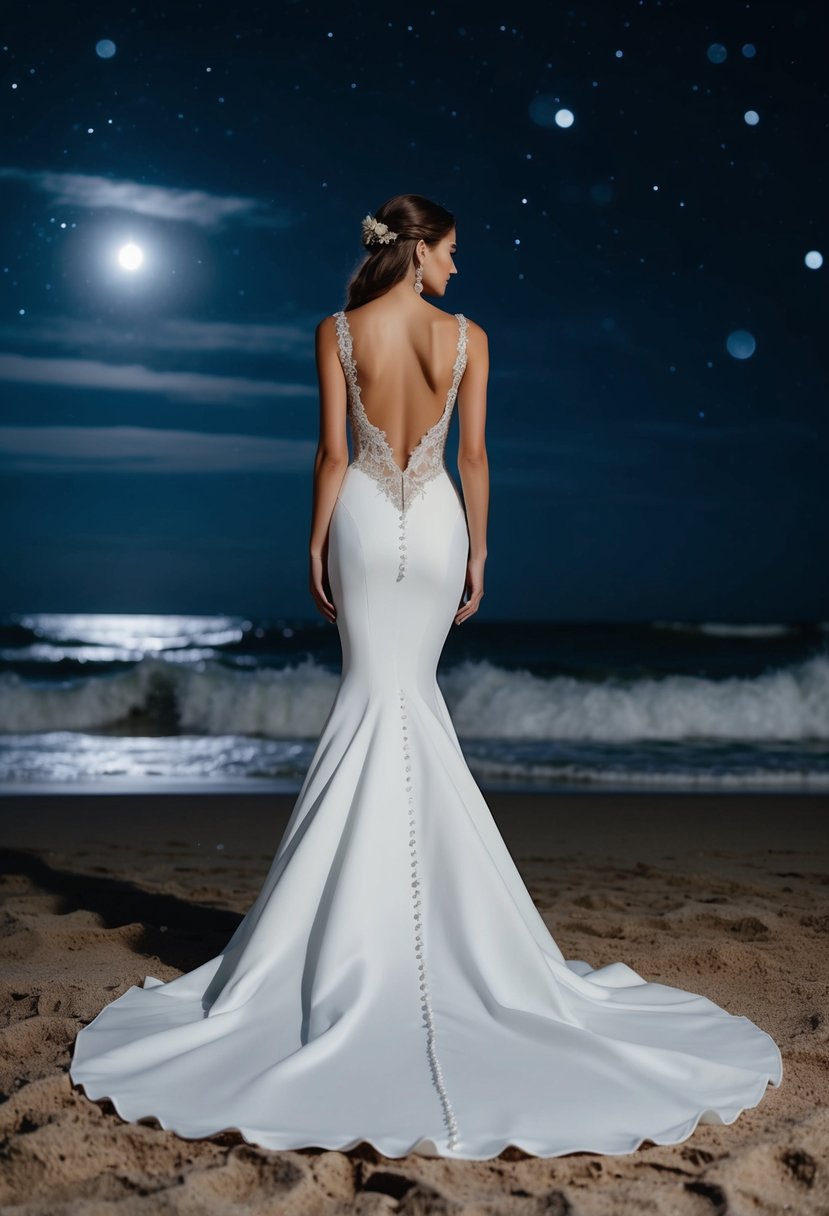 A mermaid silhouette gown on a moonlit beach with crashing waves, starry sky, and a hint of a glamorous elopement wedding