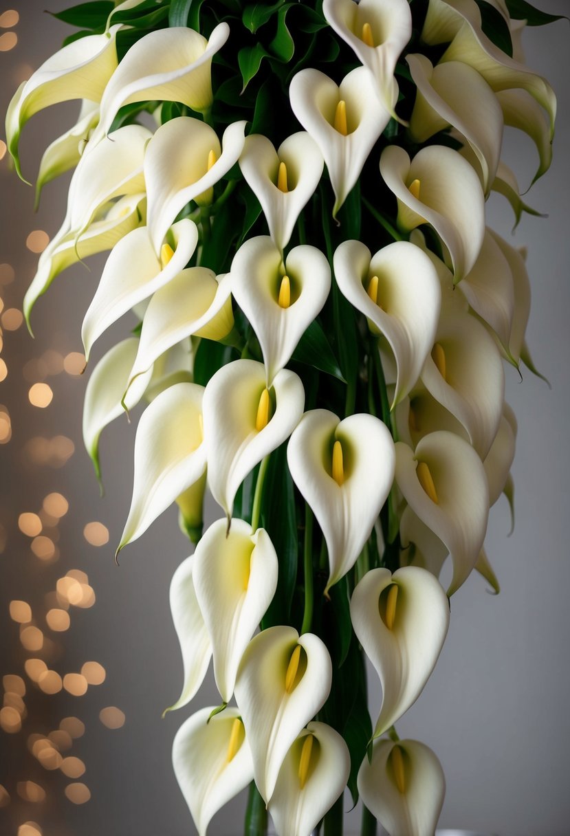 A cascading bouquet of classic white calla lilies in a simple, elegant arrangement