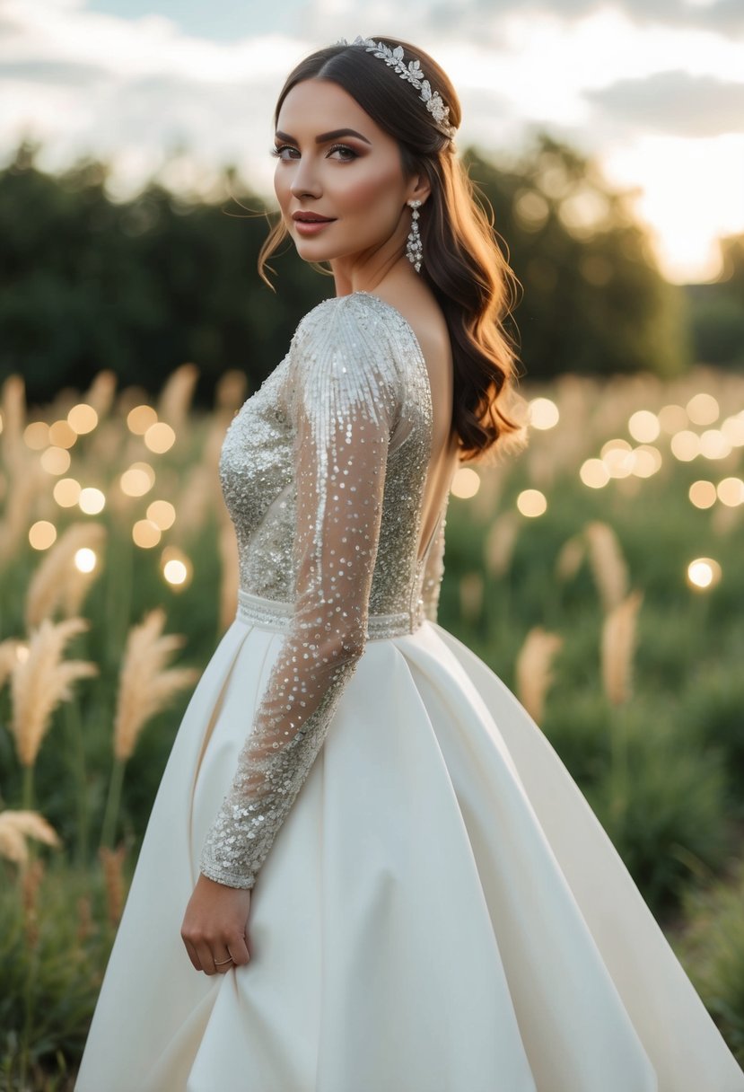 A long-sleeved wedding dress adorned with shimmering sequin accents