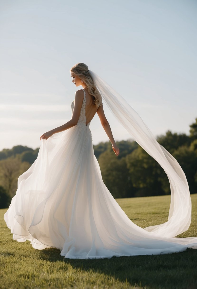 A flowing, ethereal wedding dress billows in the breeze, with a delicate train trailing behind. The fabric is light and airy, allowing for effortless movement