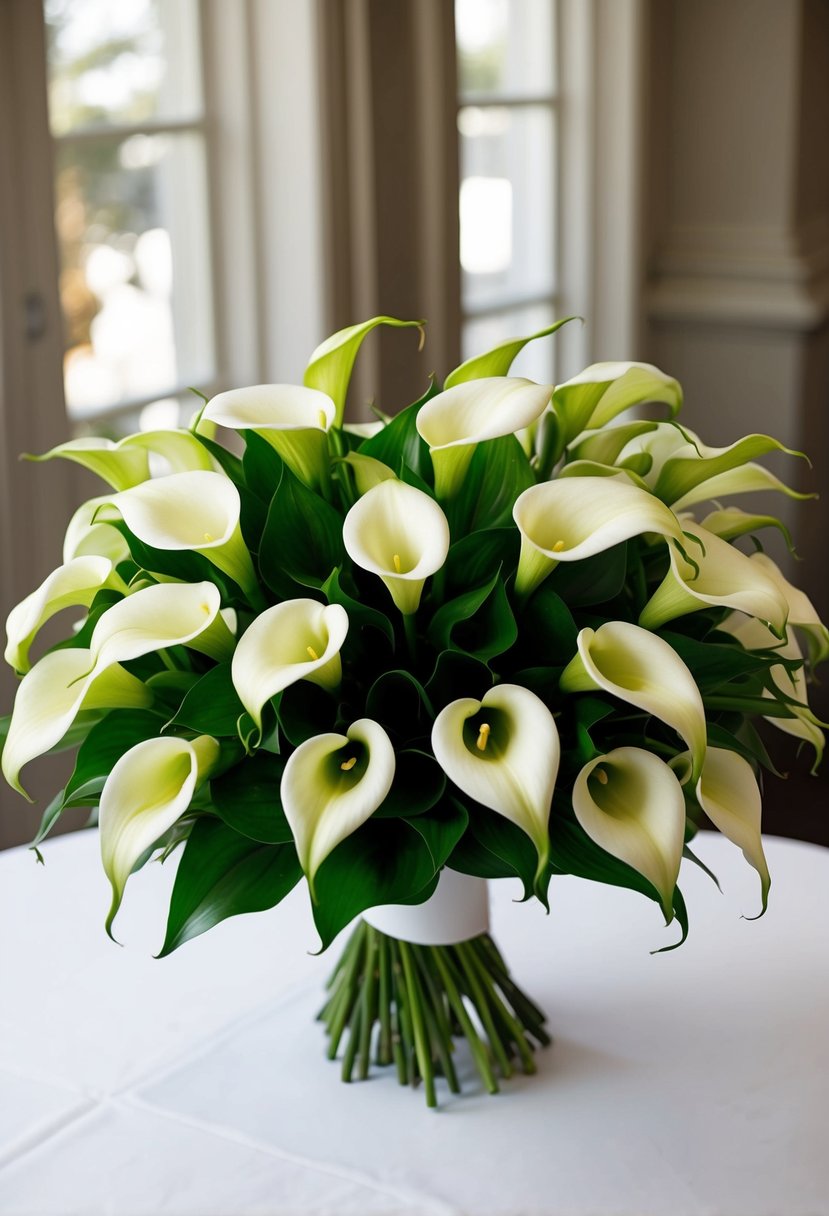 A lush bouquet of green and white calla lilies arranged in an elegant and sophisticated manner, perfect for a wedding