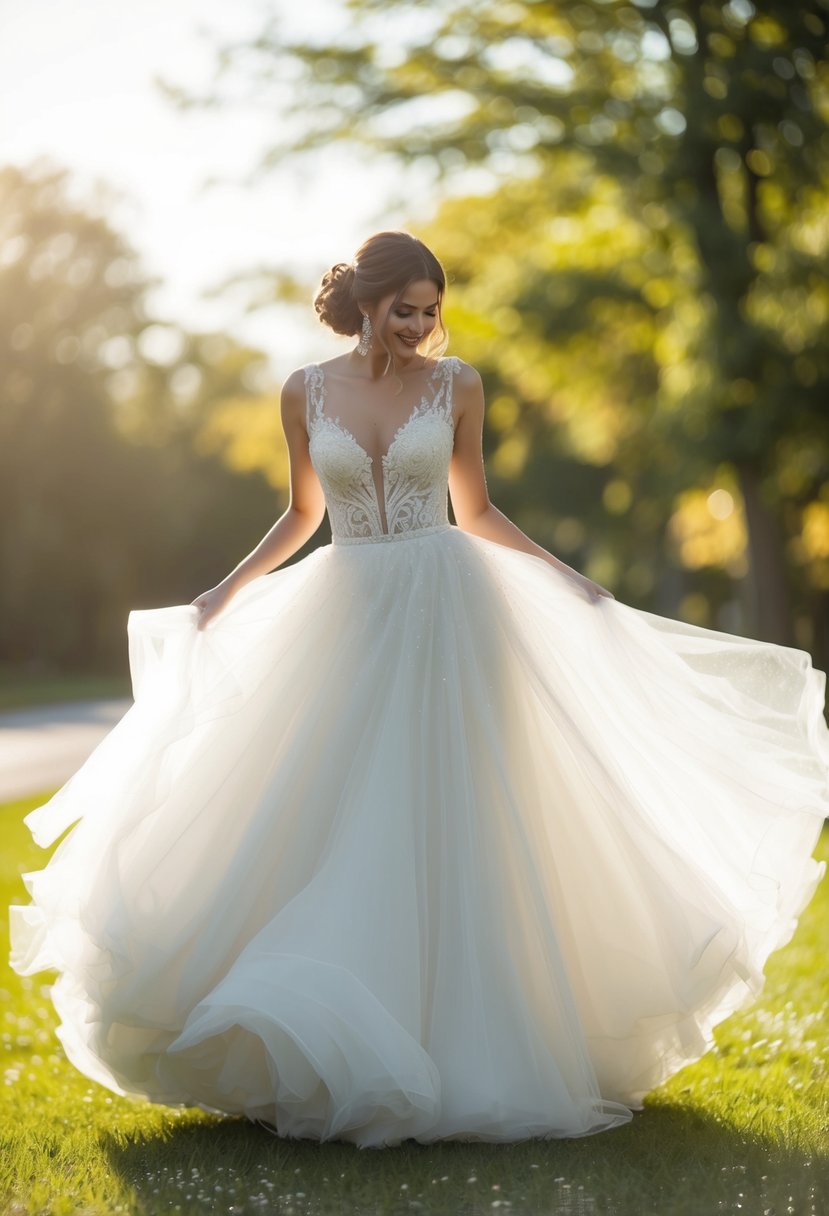 A bride twirls in a detachable tulle skirt wedding dress, shimmering in the sunlight