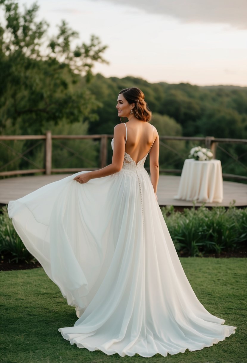 A convertible dress flowing in the breeze, set against a backdrop of a secluded elopement wedding venue with lush greenery and a serene atmosphere