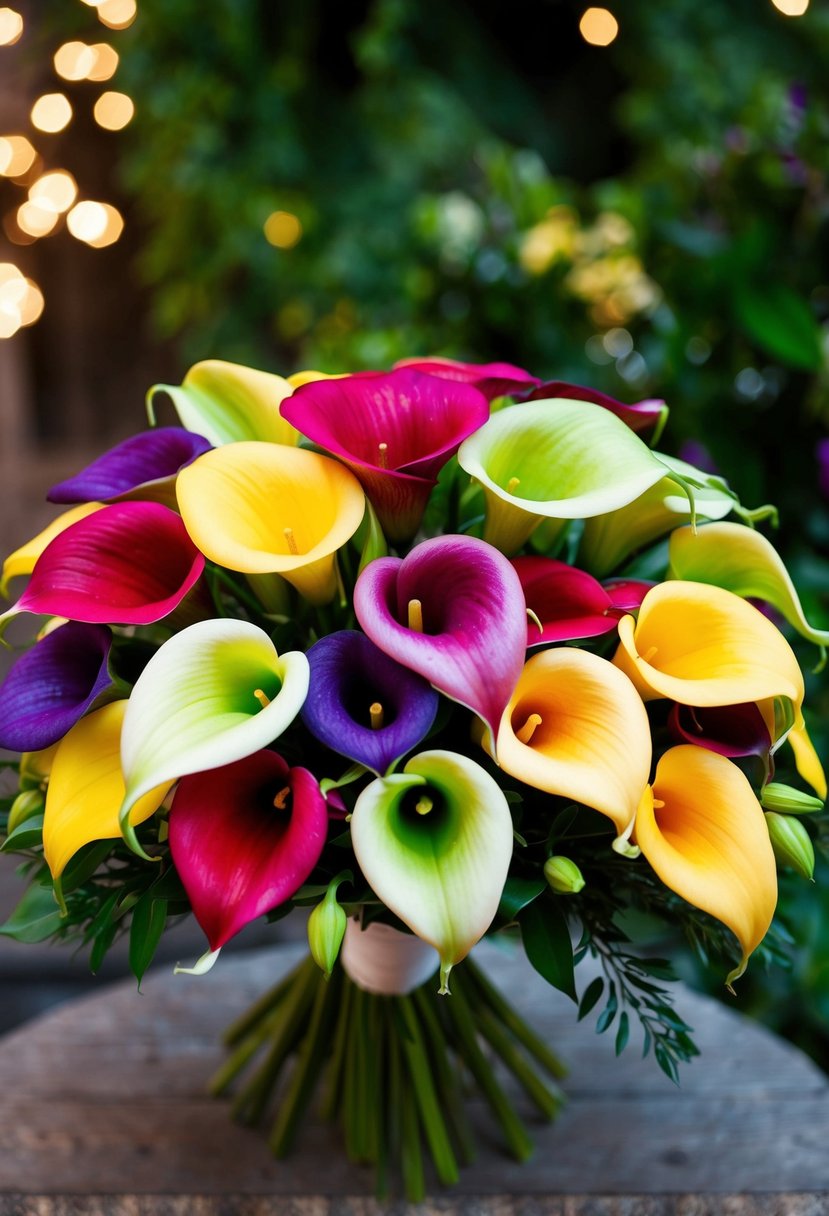 A lush bouquet of vibrant calla lilies in a mix of colors, arranged in a stylish wedding bouquet